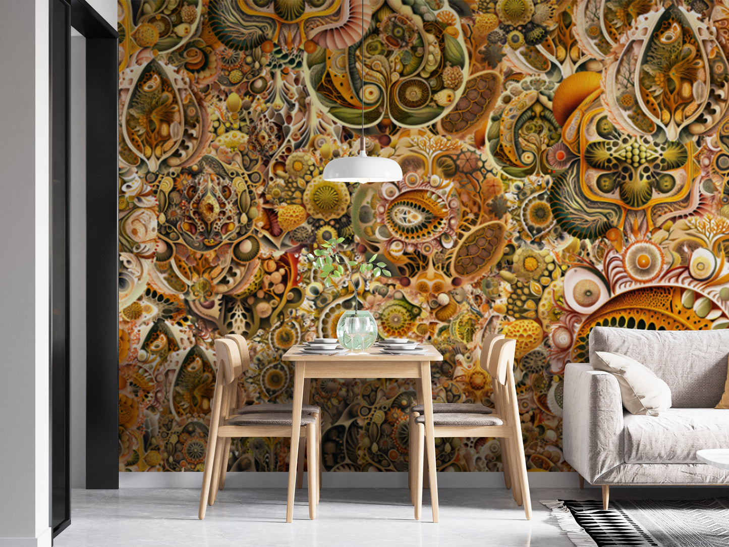 Yellow Brown Abstract Haeckel wallpaper mural as a bedroom feature wall behind the headboard in yellow tones