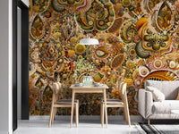 Yellow Brown Abstract Haeckel wallpaper mural as a bedroom feature wall behind the headboard in yellow tones
