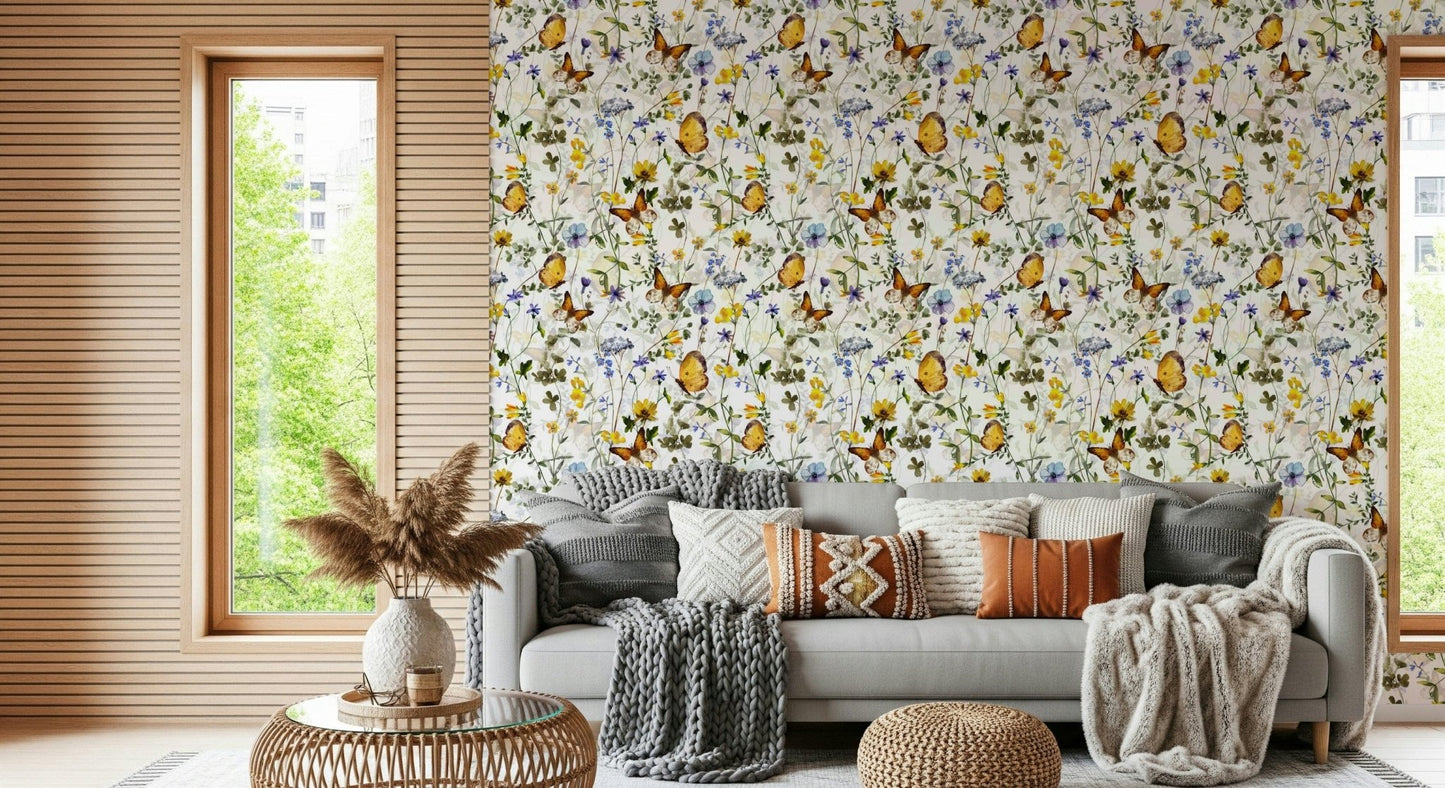 Yellow Butterfly Meadow wall mural watercolor flowers spring