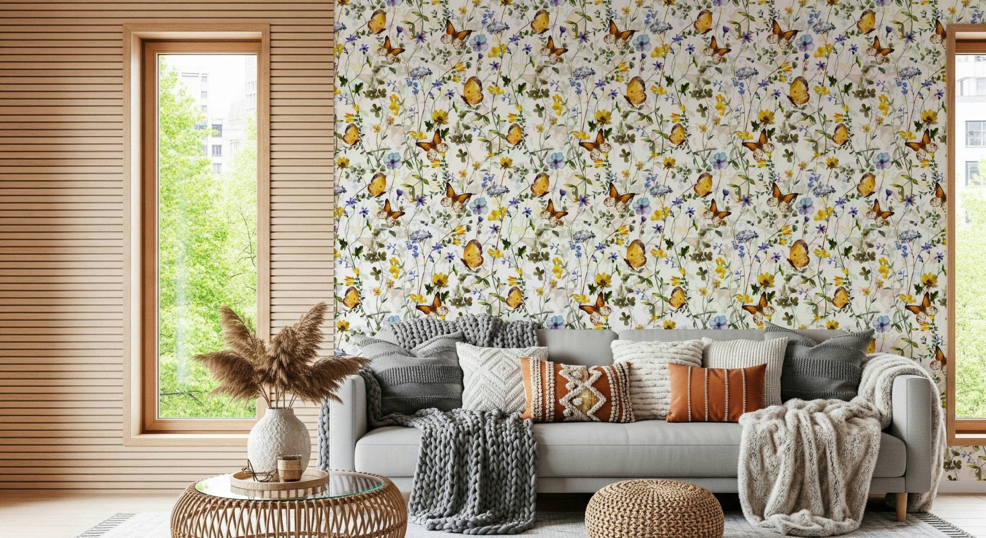 Yellow Butterfly Meadow wall mural watercolor flowers spring