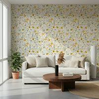 Watercolor Golden Meadow Blooms wallpaper, delicate stems and green foliage print.