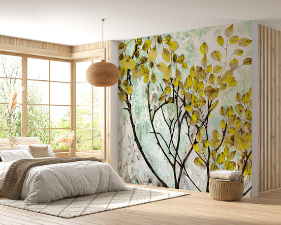 Yellow Oil Painting Canvas Effect Flower wallpaper mural shown as a full feature wall that highlights the design