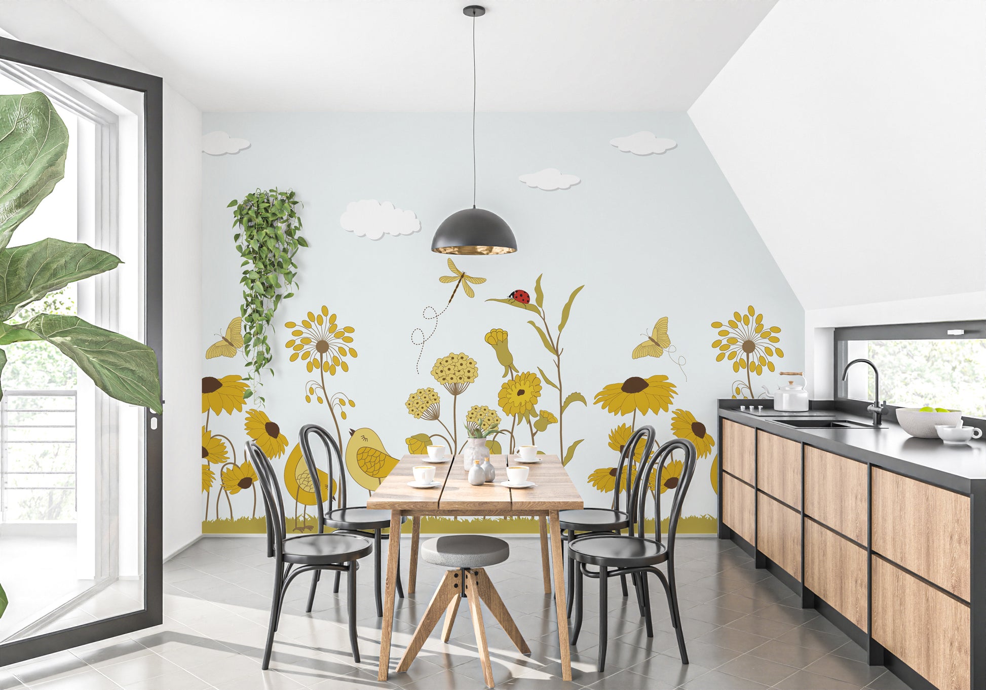 Yellow Flower with Birds wallpaper mural styled along a hallway feature wall near a console in yellow tones