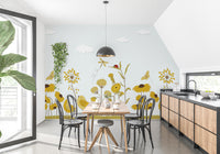 Yellow Flower with Birds wallpaper mural styled along a hallway feature wall near a console in yellow tones