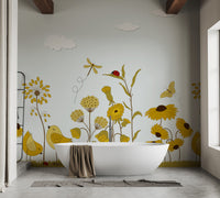 Yellow Flower with Birds wallpaper mural styled as a feature wall behind a dining table and chairs in yellow tones
