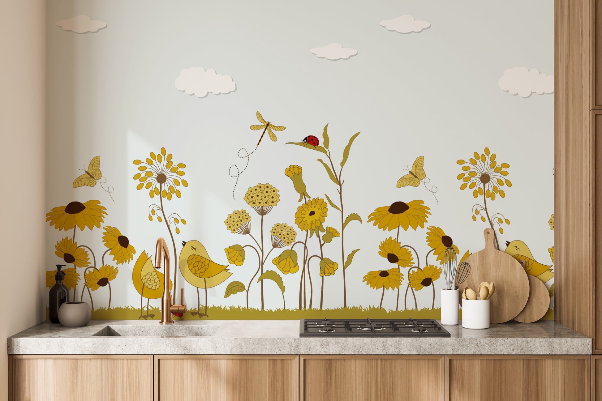 Yellow Flower with Birds wallpaper mural as a bedroom feature wall behind the headboard in yellow tones