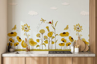 Yellow Flower with Birds wallpaper mural as a bedroom feature wall behind the headboard in yellow tones
