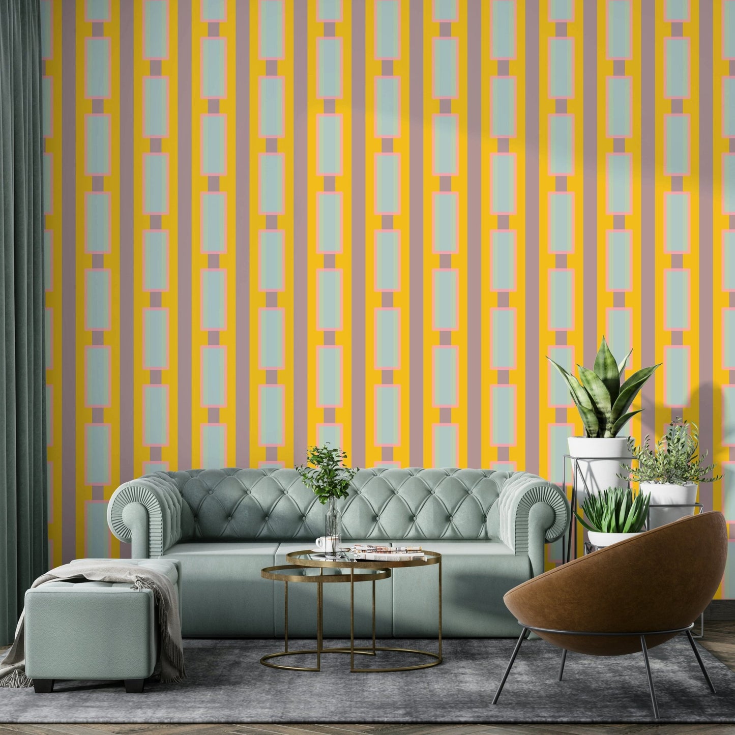 Non‑woven mural showing dancing yellow lines

