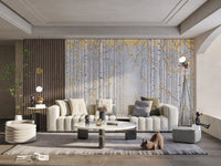 Tranquil wallpaper featuring gray birch trees and yellow foliage