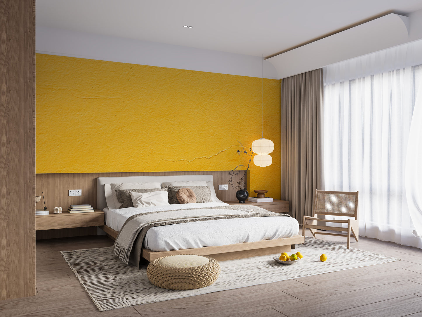Geometric yellow textured wall mural in a contemporary bedroom space.