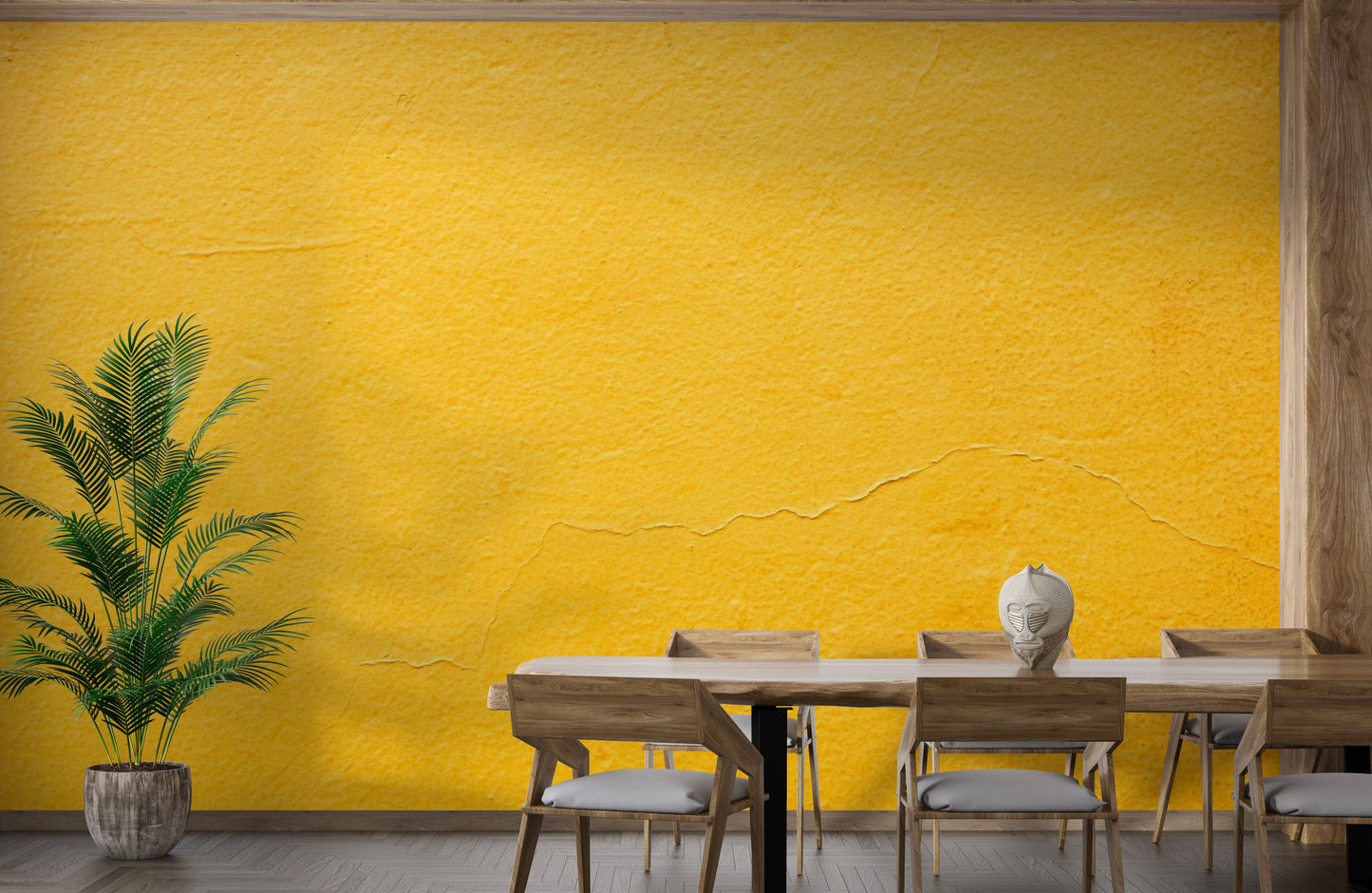 Mustard yellow textured wallpaper mural for a vibrant dining feature wall.