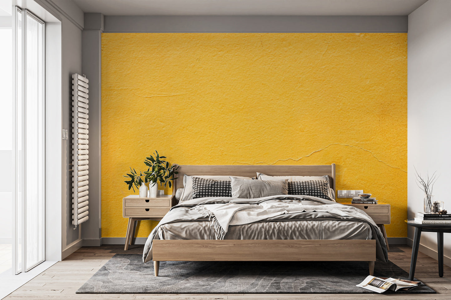 Golden ochre textured wallpaper for a sophisticated master bedroom.
