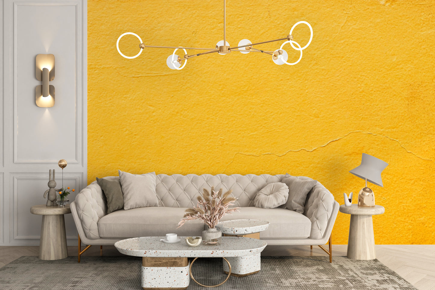 Bright yellow textured Lemon hued embossed wall mural for a hallway.