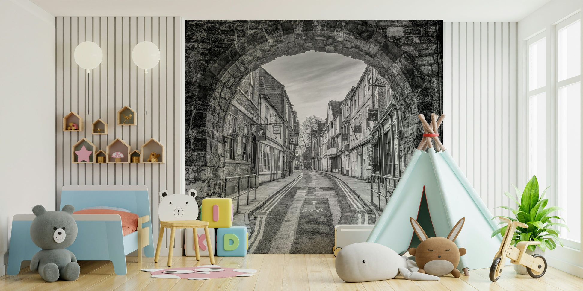 An angled shot of the mural's classic color palette.