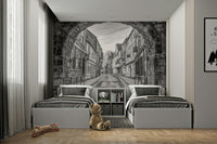 A living room featuring the stone archway wall mural.