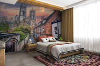 The wallpaper is used as a feature wall in a bedroom.