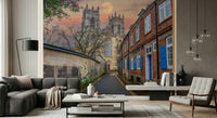 Home office feature wall with moonlit cathedral mural, modern style, muted blue