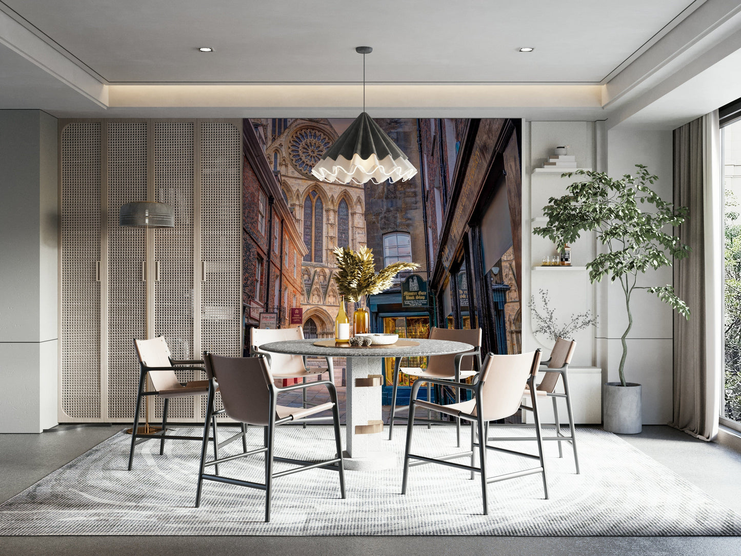 A high-quality print of a tranquil town scene.

