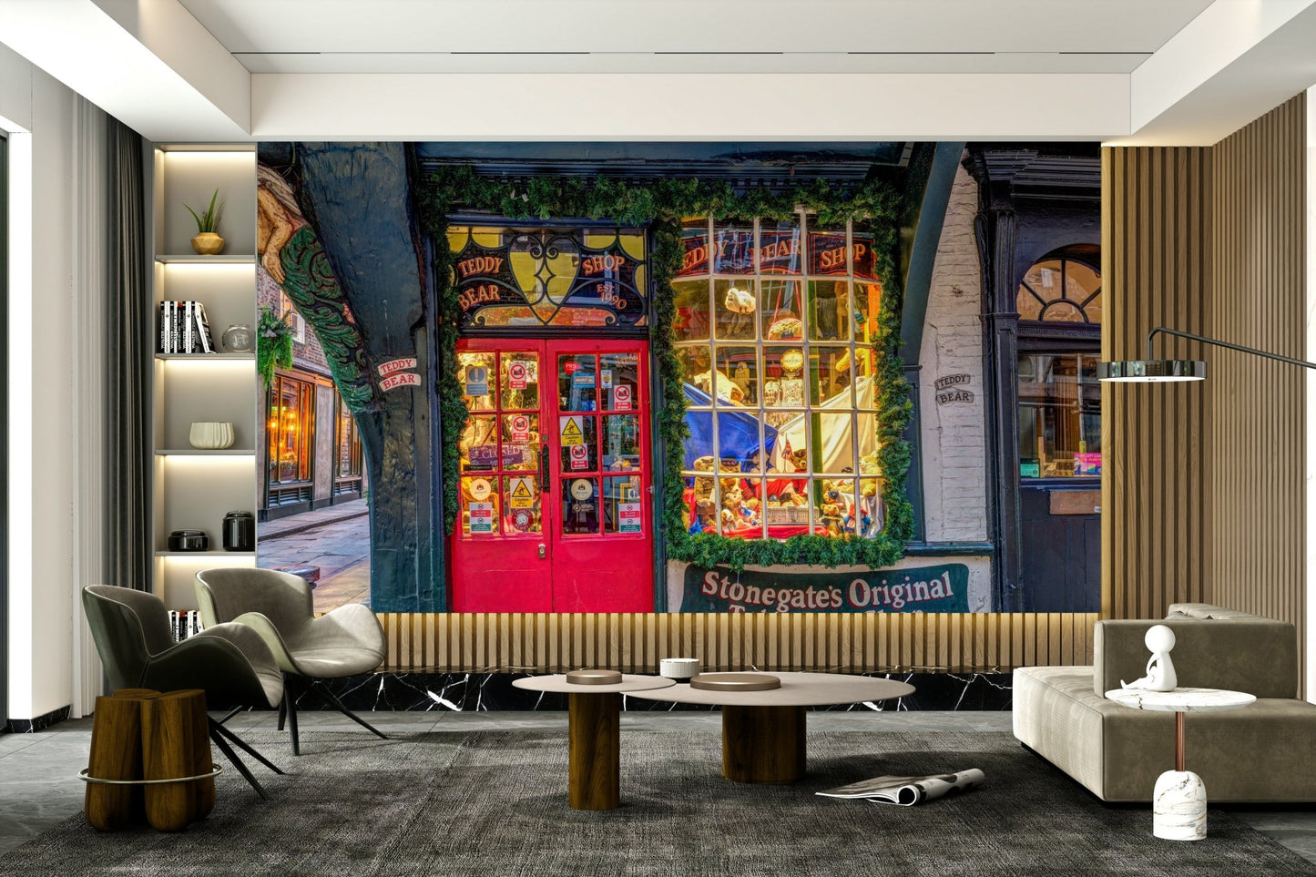 The color palette includes various architectural tones, possibly with pops of color from shop displays or flowers.
