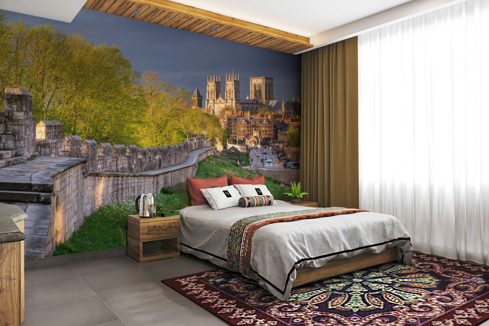 A minimalist home office with the timeless stone wallpaper.

