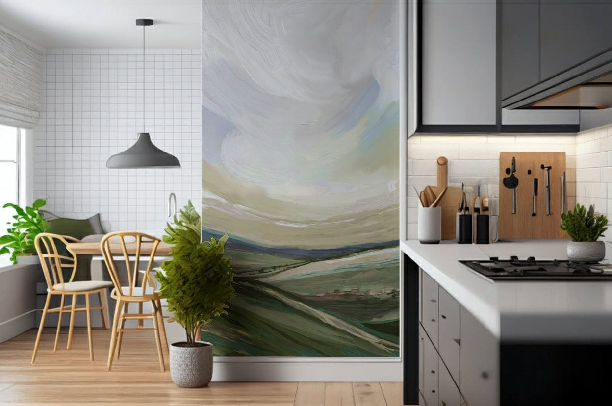 Scenic valley view wallpaper for a cozy reading nook with warm lighting.