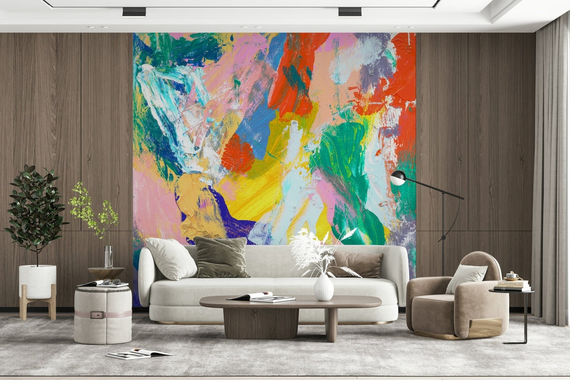 Neutral color quote wallpaper for a small apartment living space.