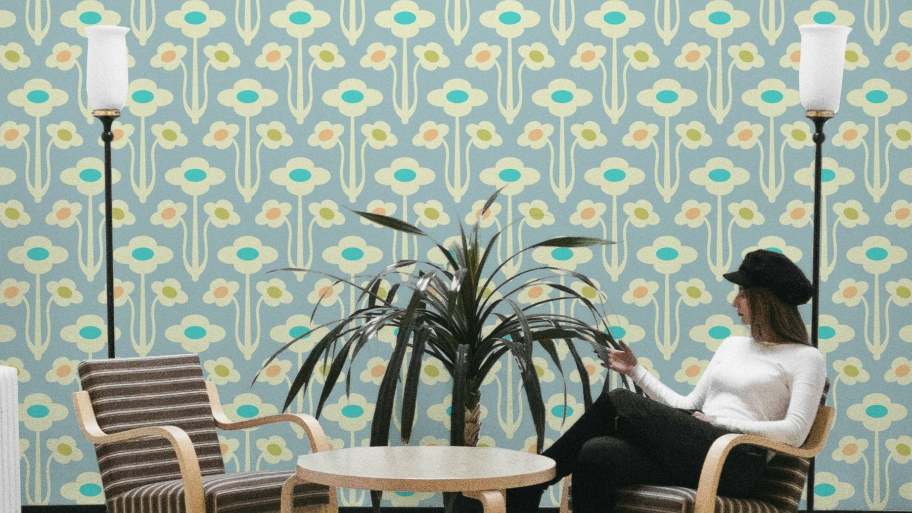 Yvette Mid Century Modern Scandi Retro Floral Cream Pastel Lavender Purple Wallpaper.

