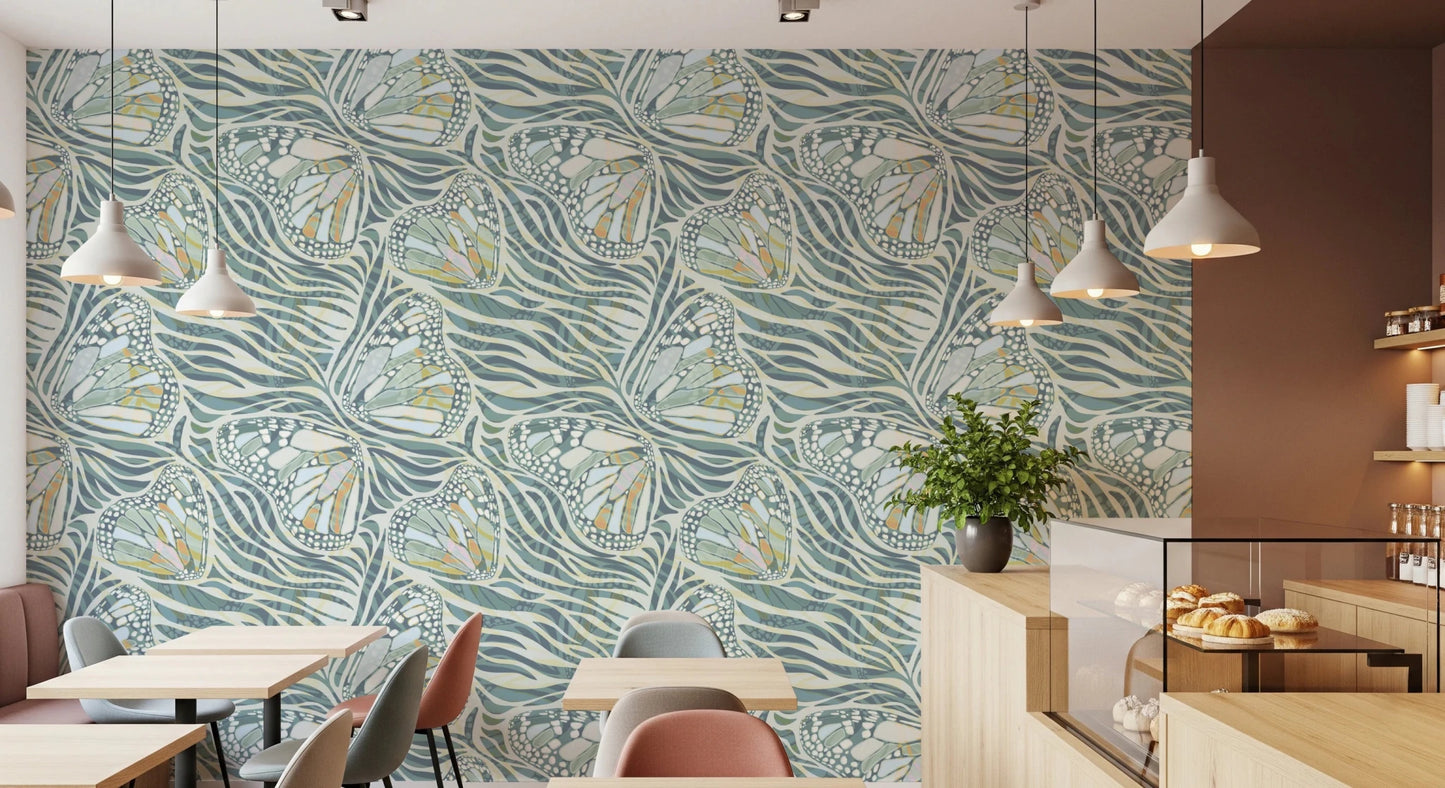 Zebra Butterfly Bloom • Maximalist Boho in Green Pastels Wallpaper⁠