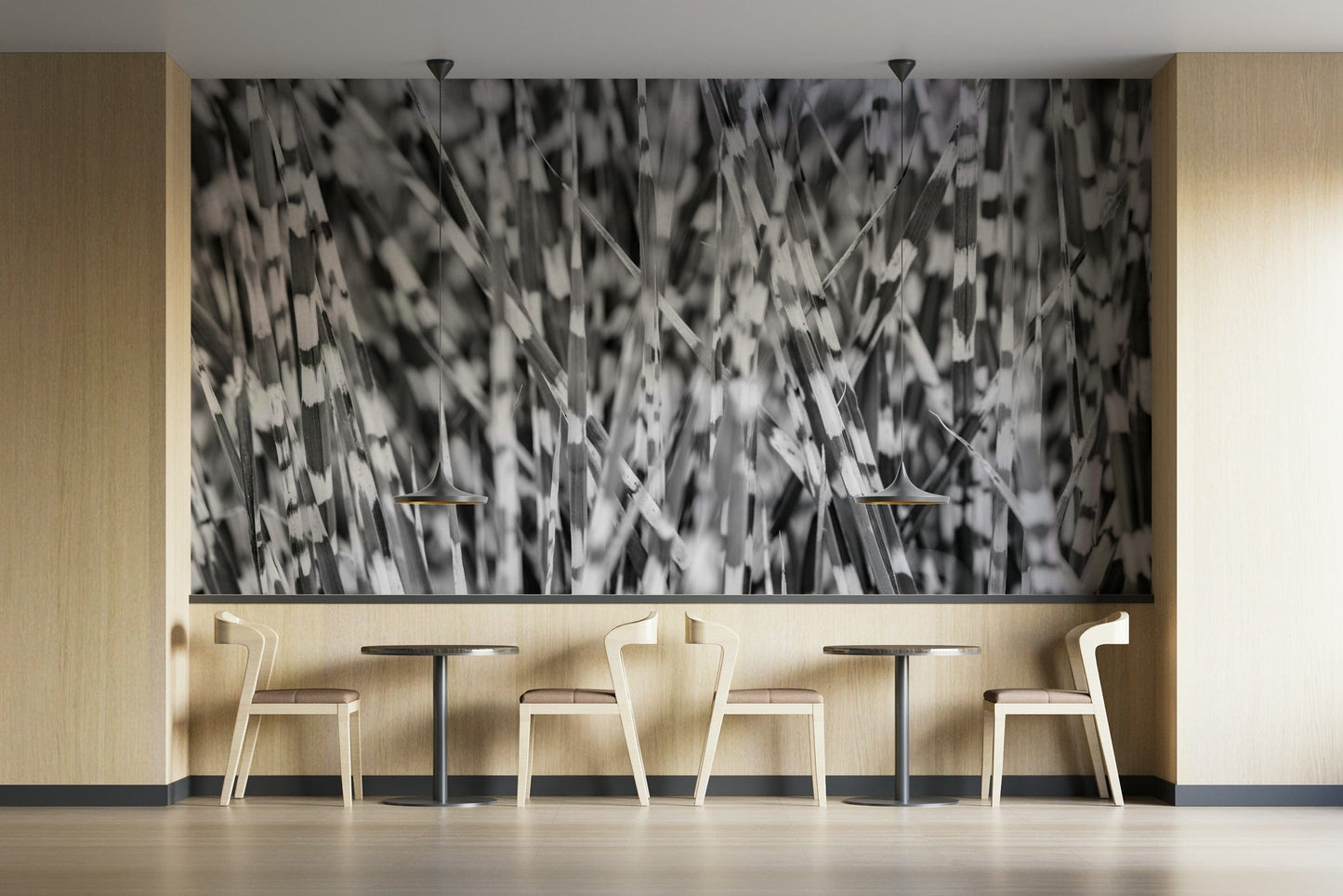 An artistic abstract plant mural on minimalist wallpaper.

