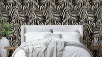 A wallpaper design with a zebra herd.

