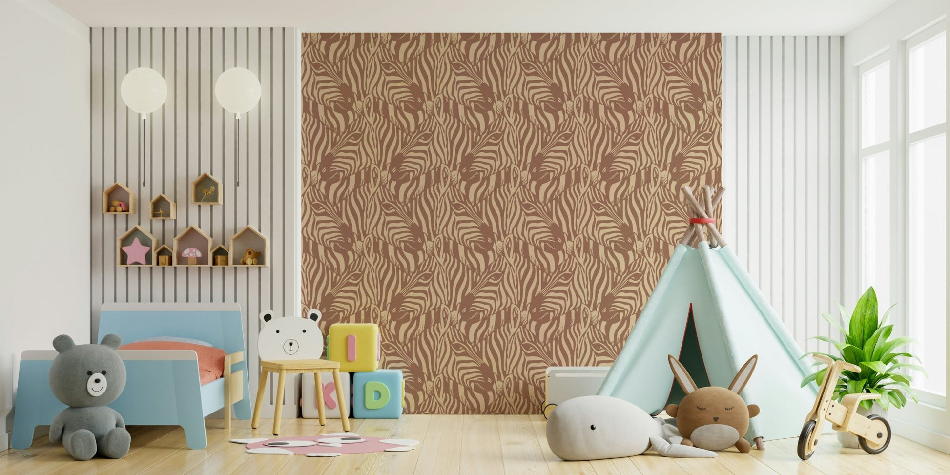 A wall mural of a zebra herd with artistic stripes.

