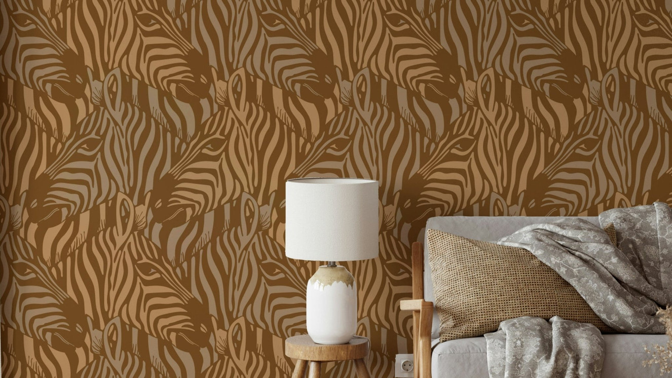 A wall mural of a zebra herd with artistic stripes.

