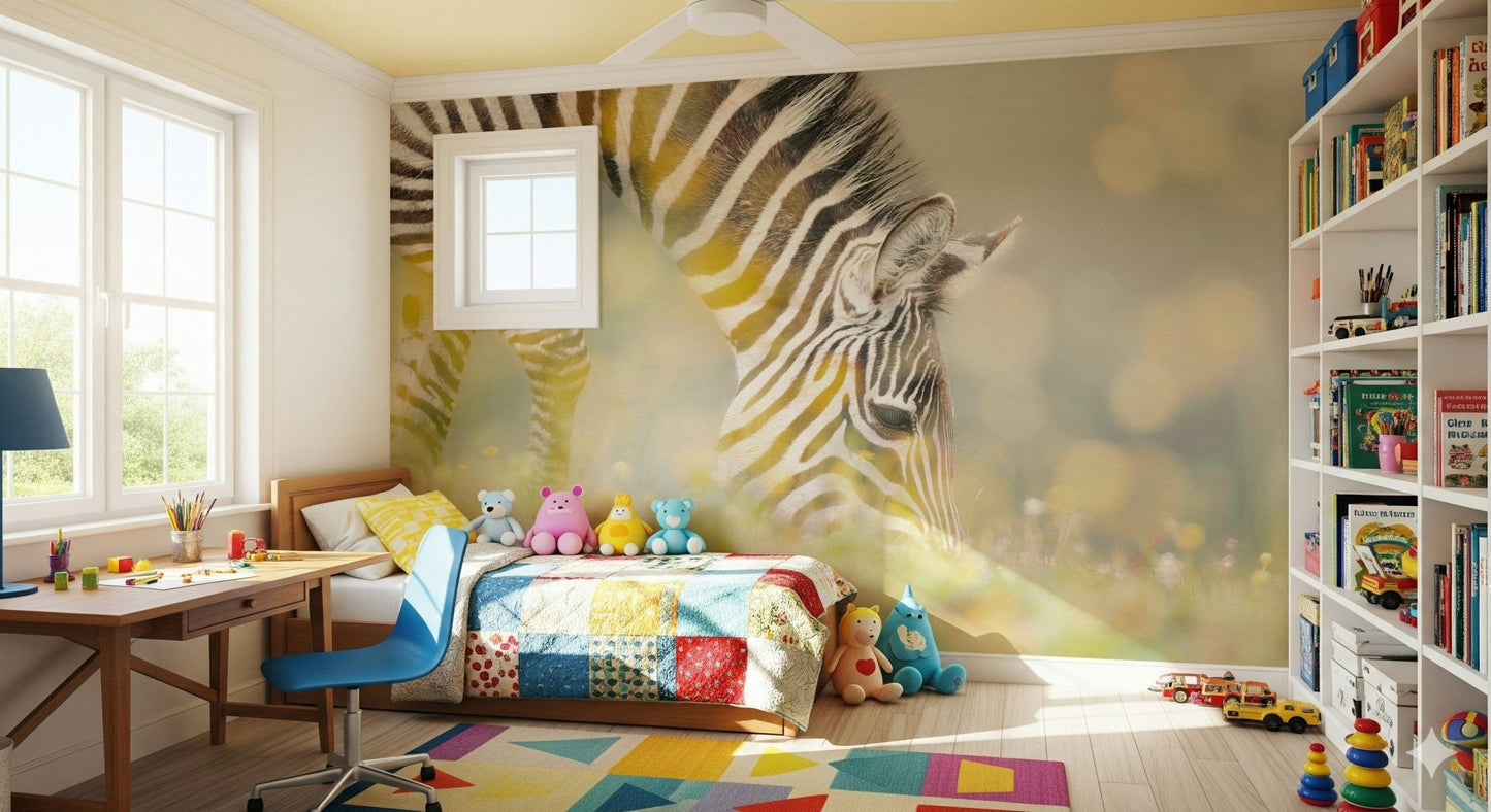 Zebra’s Grazing Gaze Wall Mural behind a beige sofa in a modern apartment lounge