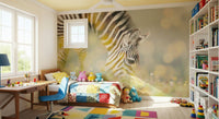 Zebra’s Grazing Gaze Wall Mural behind a beige sofa in a modern apartment lounge