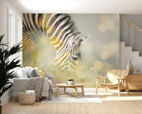 Zebra mural in a modern hallway, monochrome wall decor with framed accents