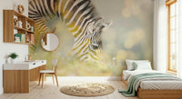 Black-and-white zebra wall mural in a minimalist bedroom, calm neutral styling