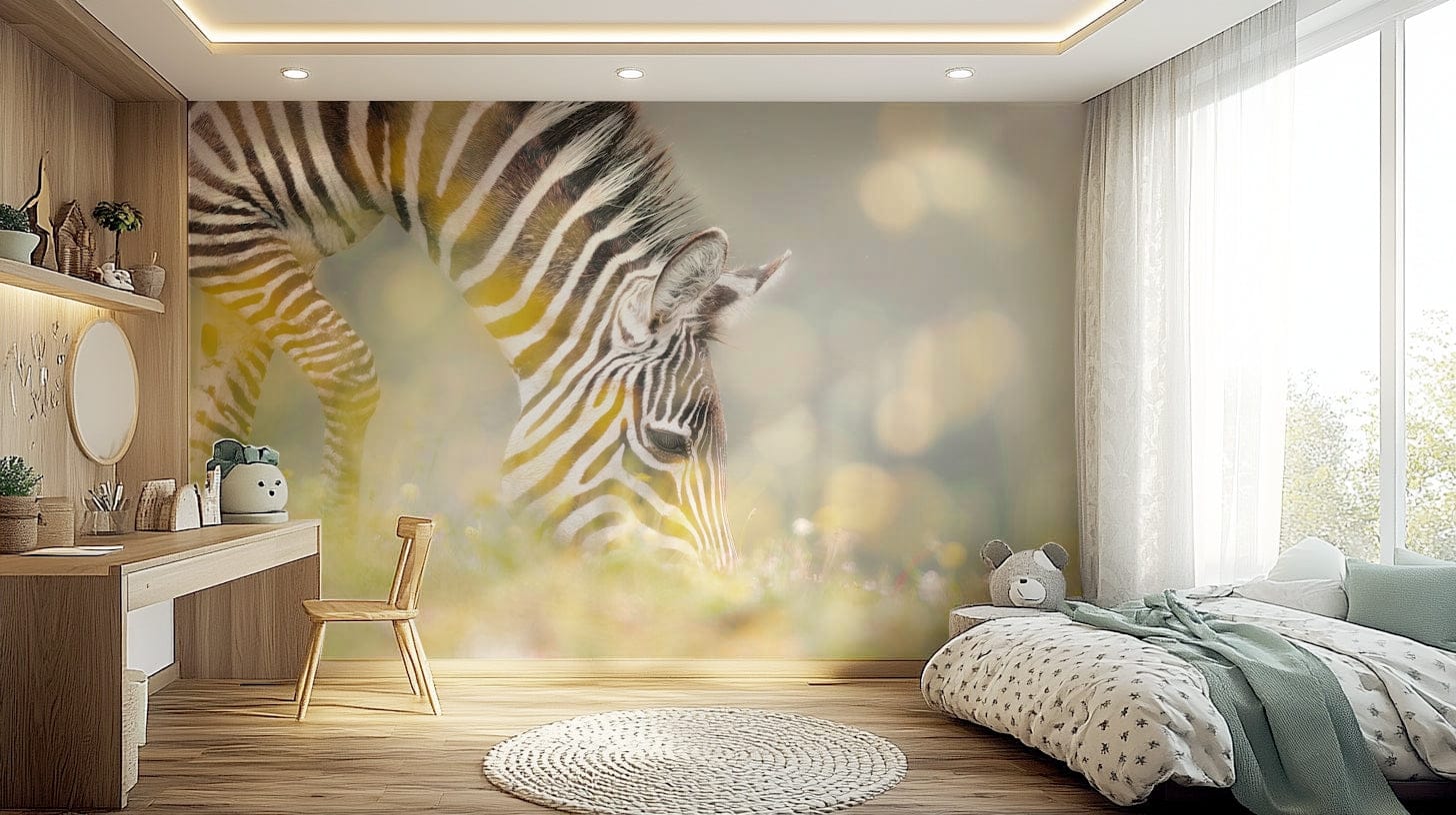 Zebra wall mural in a reading nook, modern armchair and warm lighting