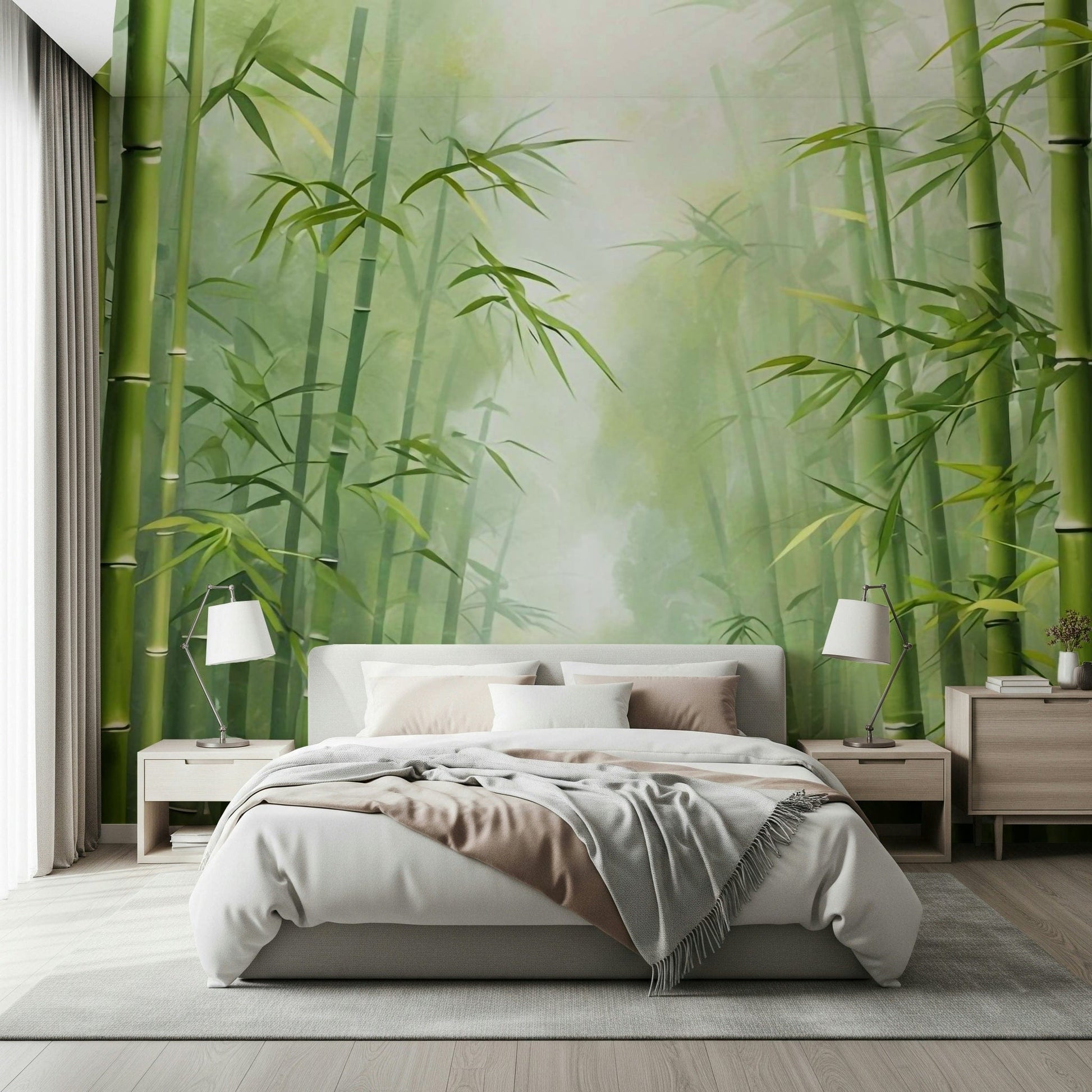 Green bamboo wallpaper mural for hallway, nature-inspired modern décor