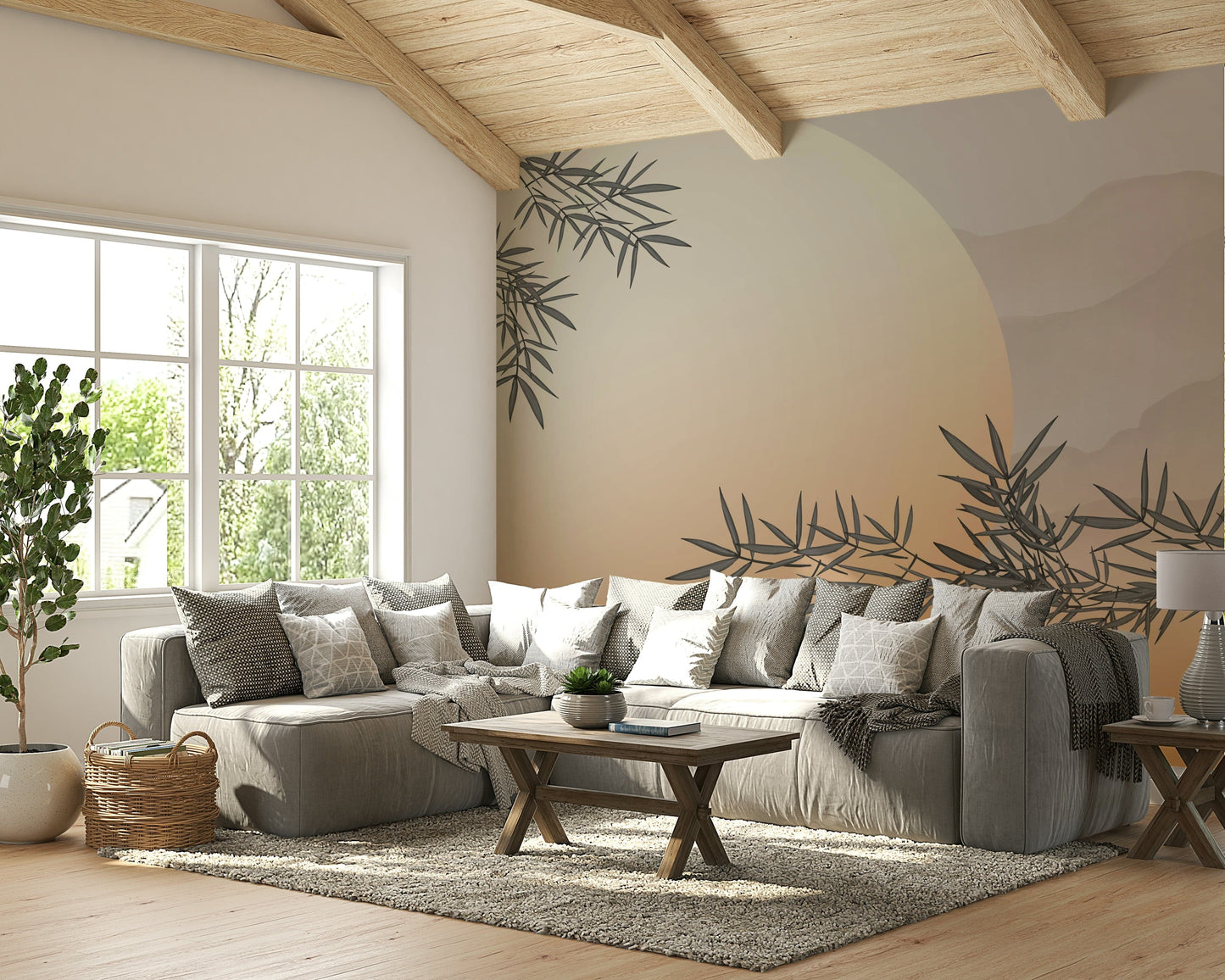 A peaceful wall mural with a minimalist bamboo scene.

