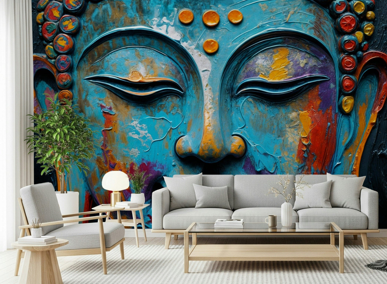 Zenith Buddha Wall Mural featuring a stone statue in a modern apartment yoga room.