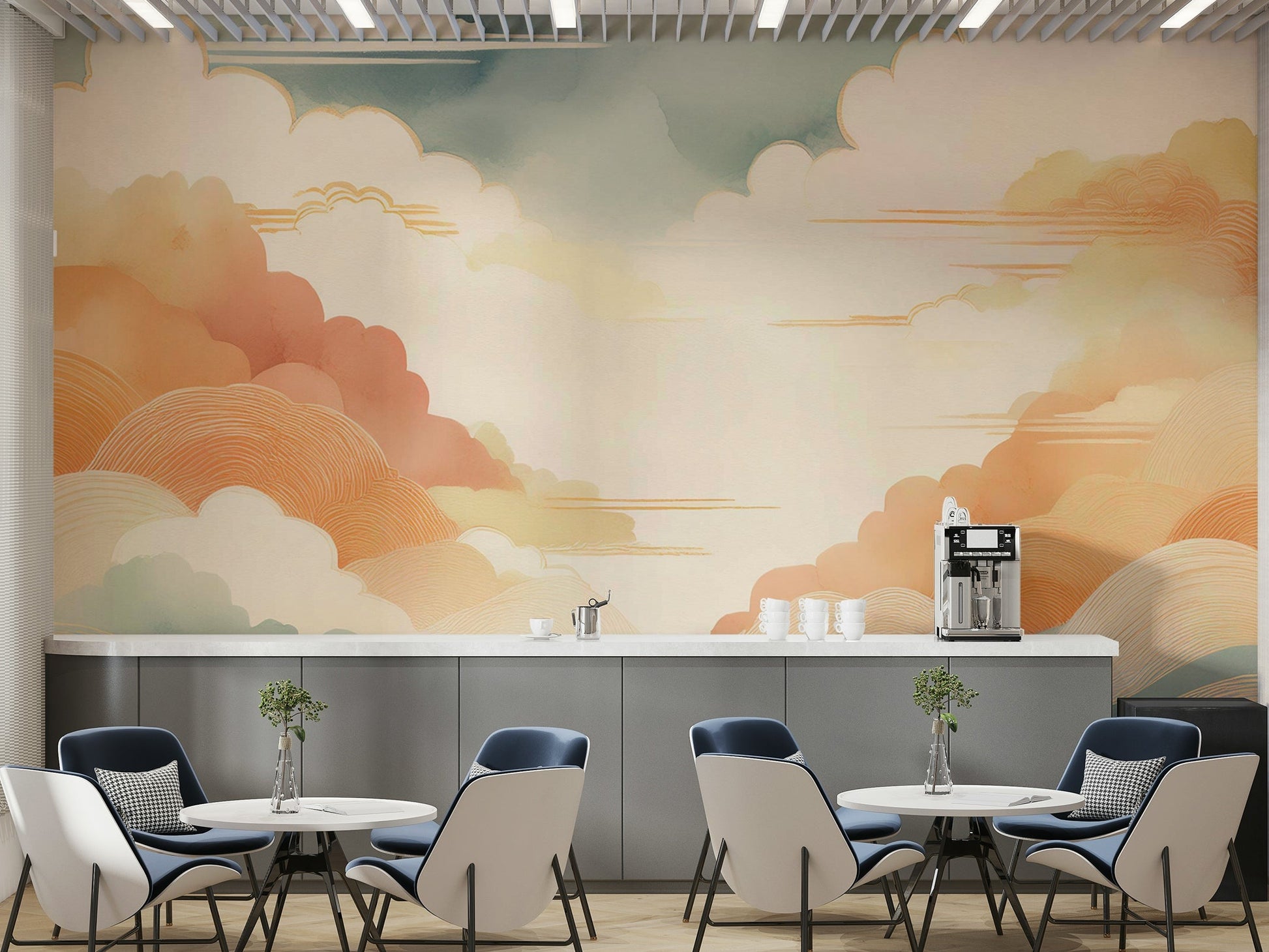 Soft gradient cloud wallpaper for a modern bedroom with natural light