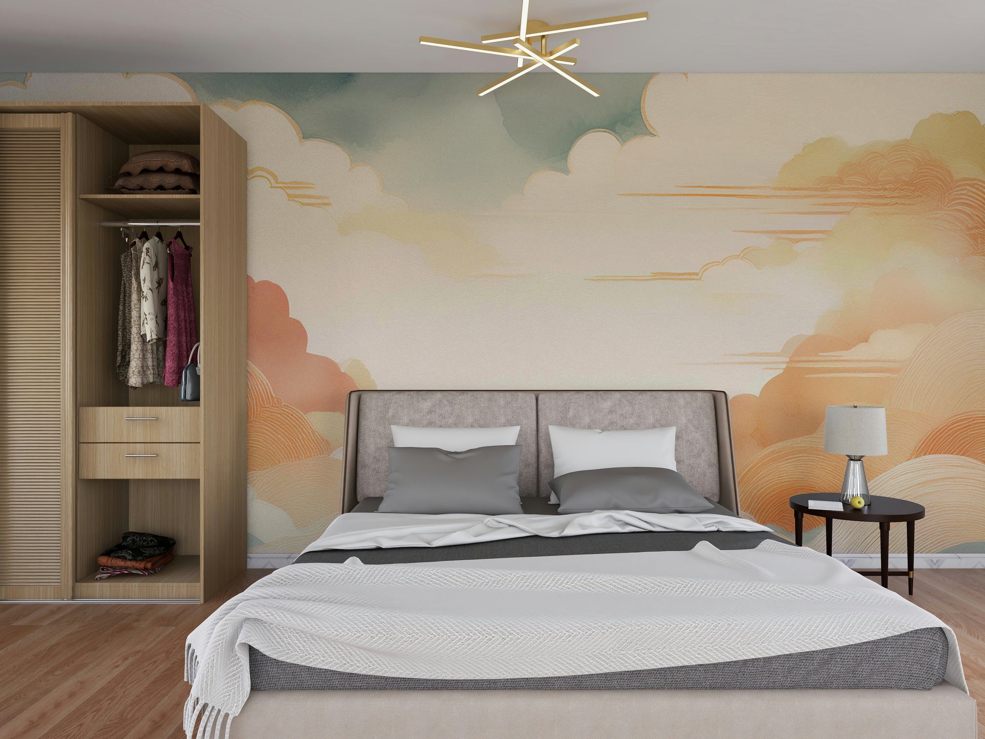 Zen Cloudscape Wall Mural behind a low profile bed in a sleek suite