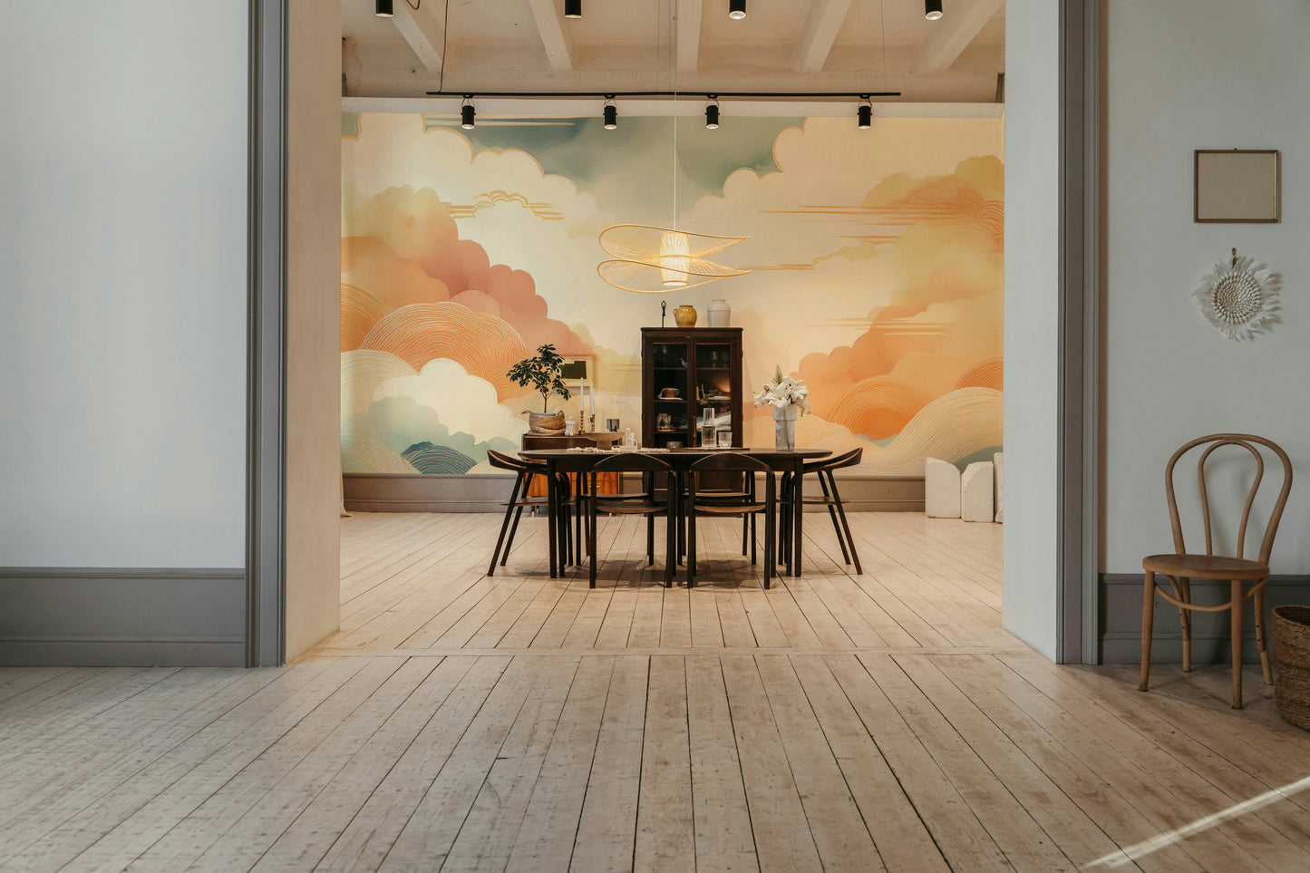 Atmospheric cloud mural in a mid-century modern living room
