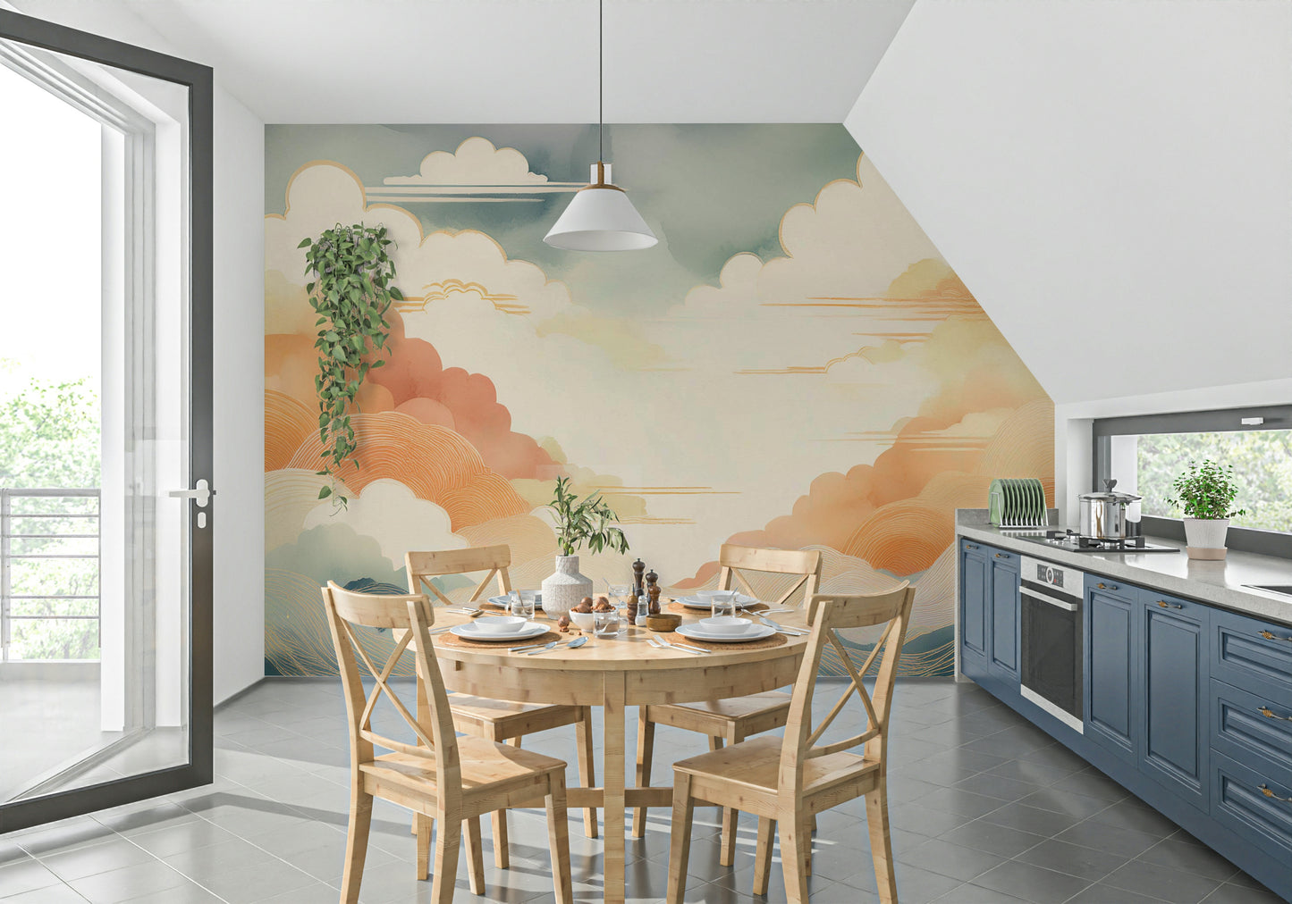 Zen Cloudscape Wall Mural used as a focal point in a quiet study