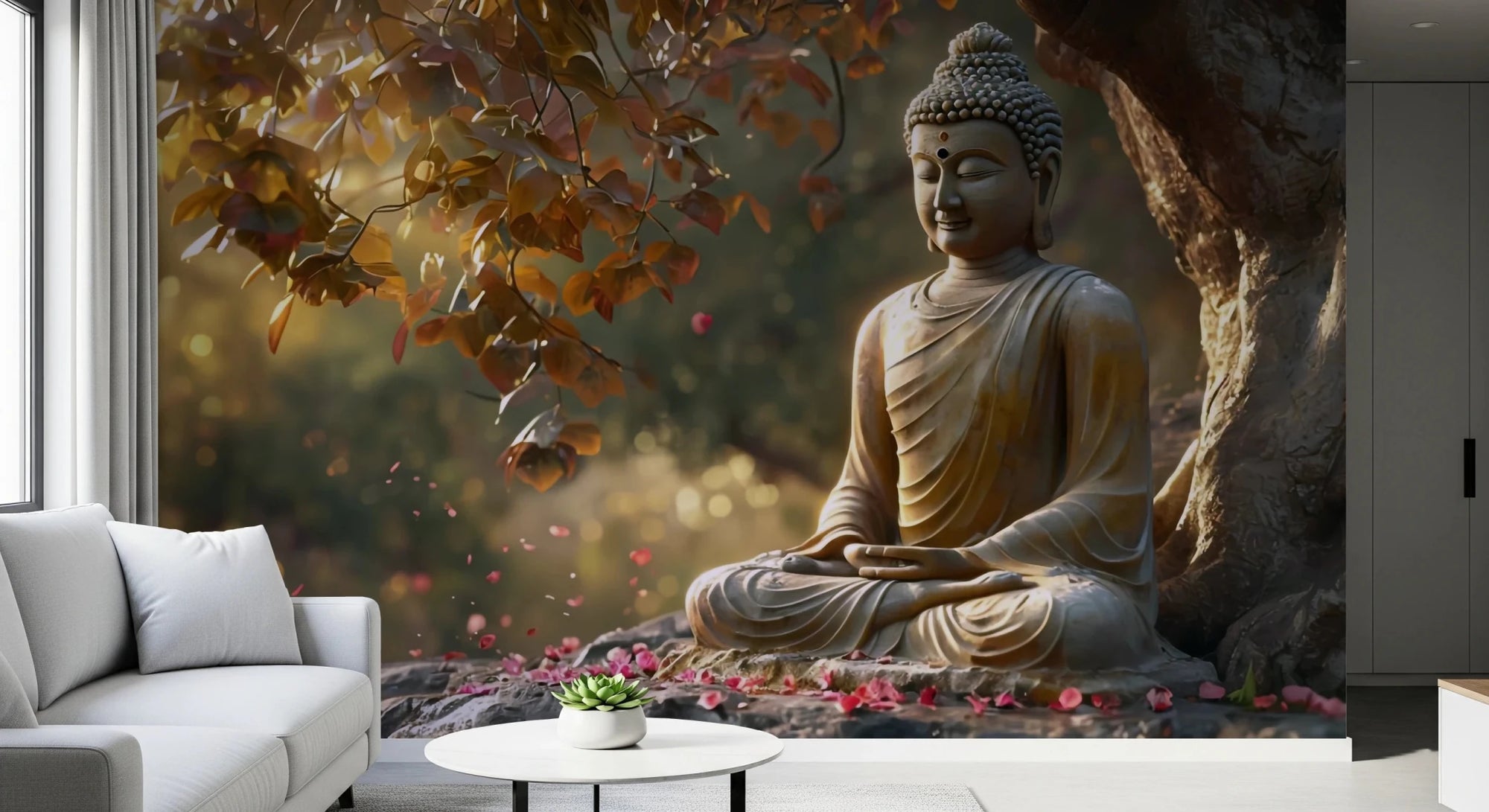 Zen Garden Buddha wallpaper mural behind a white sofa and round coffee table in a calm living room