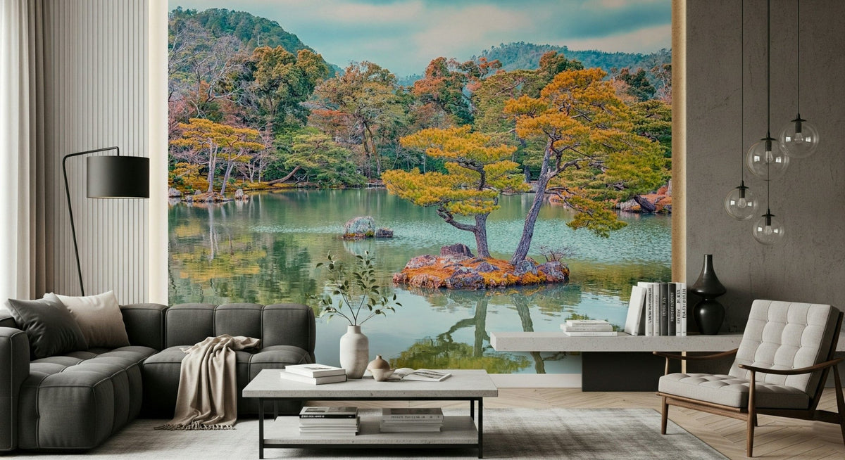Zen Garden Serenity wallpaper mural of a Japanese pond and pine islet behind a dark grey leather sofa in a living room