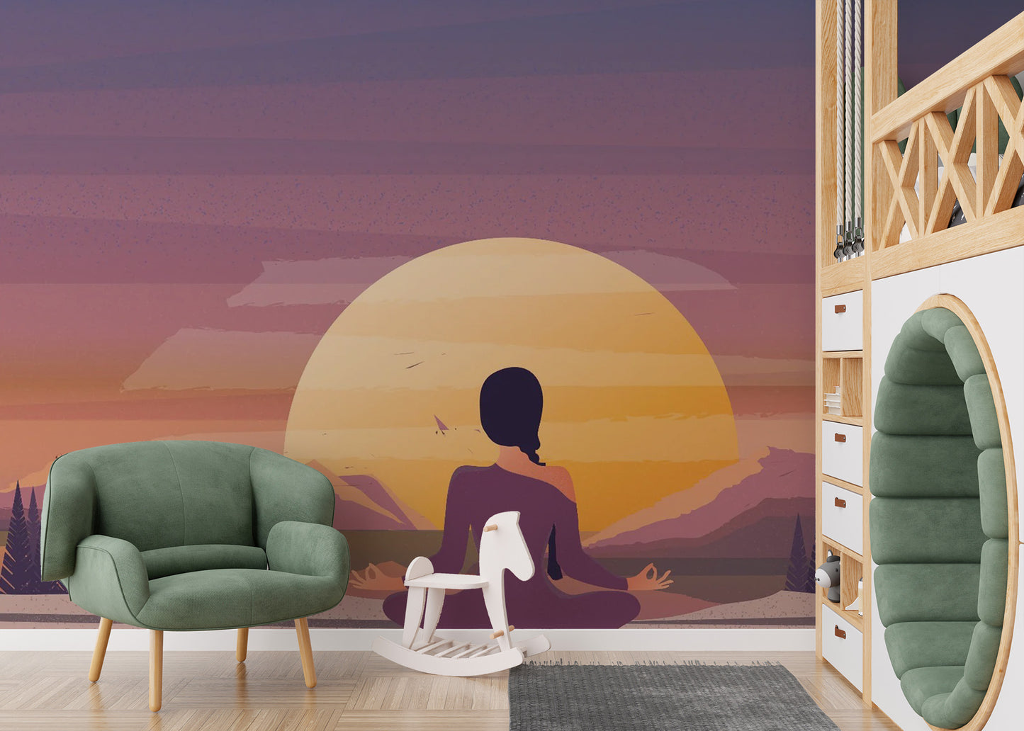 Serene sun motif mural for meditation walls