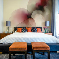 Atmospheric forest mural in a mid-century modern living room