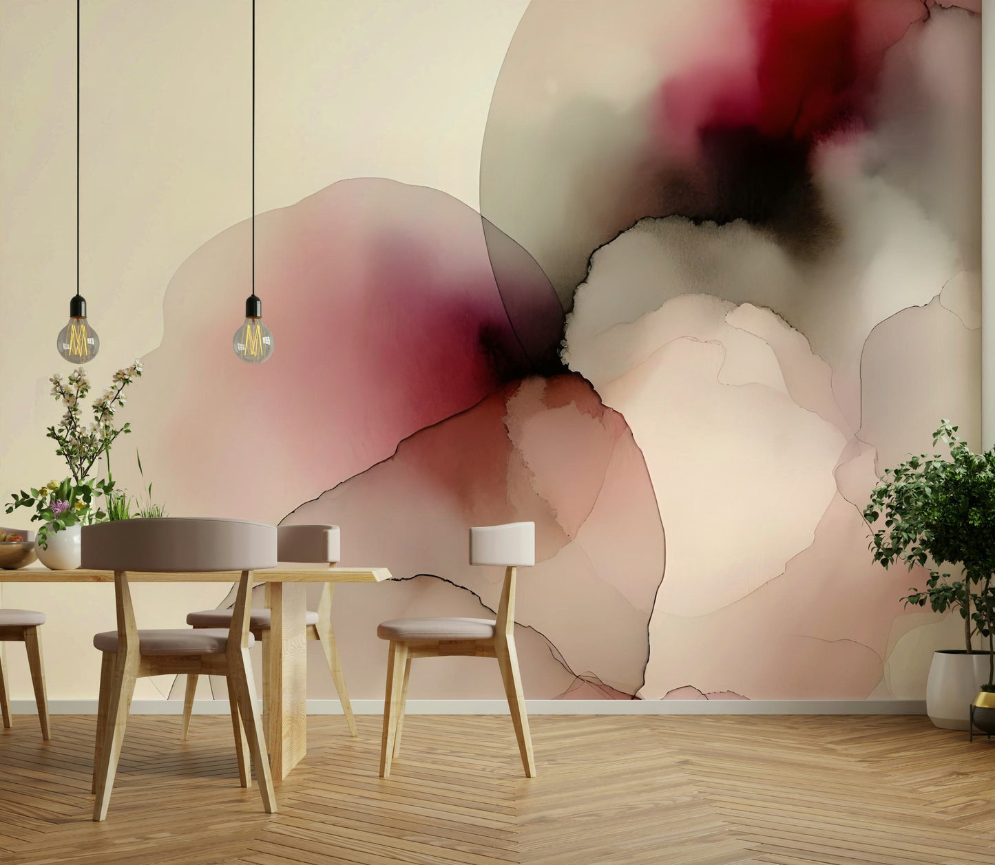Zen Oasis Wall Mural behind a white bedframe in a sleek suite