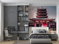 Zen Temple View wall decor traditional building sunrise colors.
